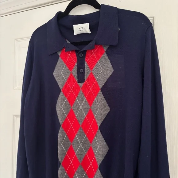 Ami Alexandre Mattiussi Navy Blue Grey Red Men’s Argyle Wool Sweater NWT Size L